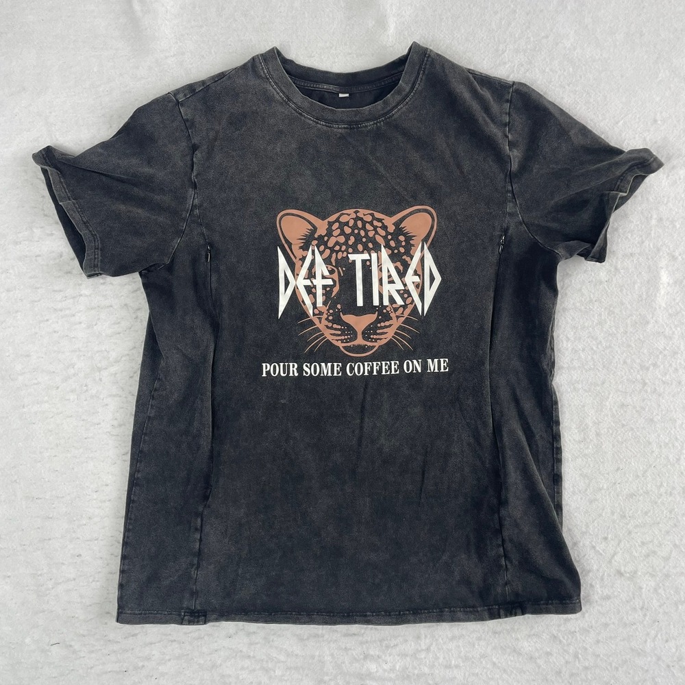 GiftifyMama T Shirt Womens Large Def Leopard Coffee Nursing Zippers Acid Wash